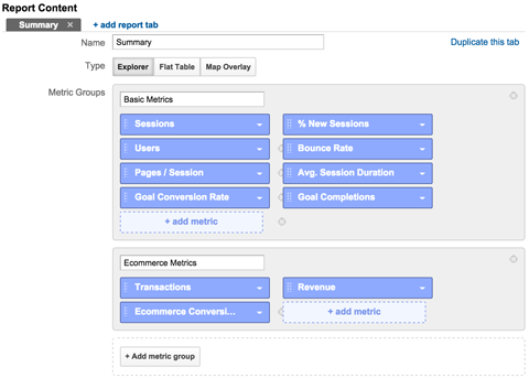 add ecommerce metrics to a custom report