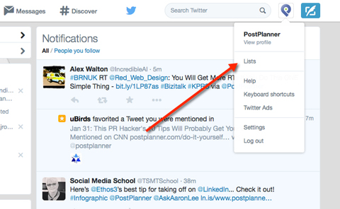 lists in twitter menu