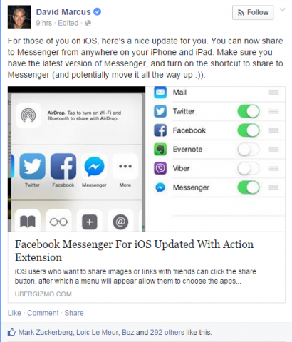 "Facebook Messenger users with iPhones or iPads can now share photos or links directly to the application following an update to the iOS app."