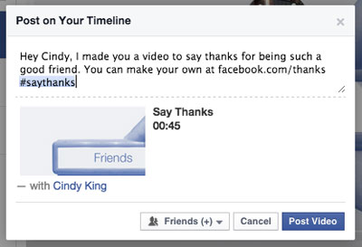 facebook thank you video post with a friend tag