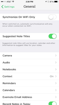 evernote app settings