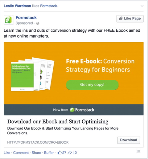 formstack lead magnet in facebook ad