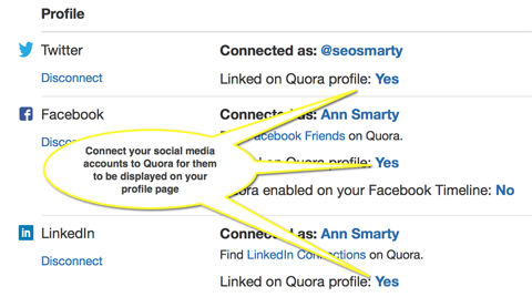 connect additional social profiles on quora