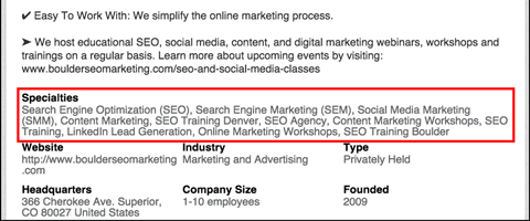 linkedin company page specialties with keywords