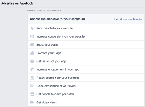 facebook ad setup menu