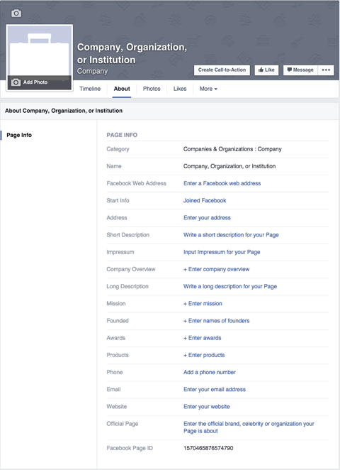 facebook page about page info