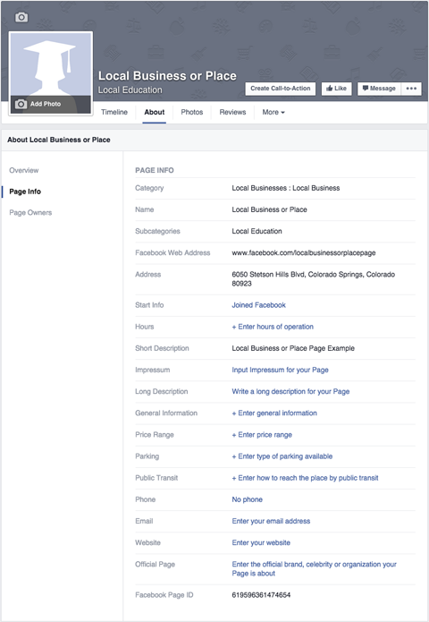 facebook page about page info