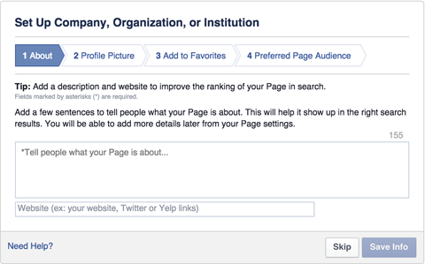 facebook company organization or institution page set up