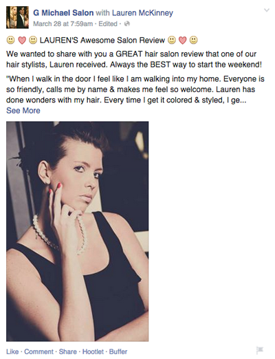 g michael salon employee tagged in review on facebook post