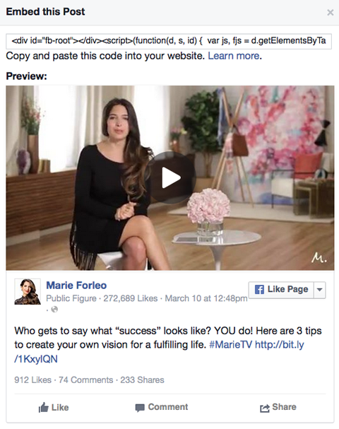 marie forleo video facebook post embed code