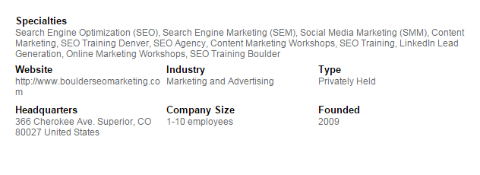 boulder seo marketing linkedin specialties example