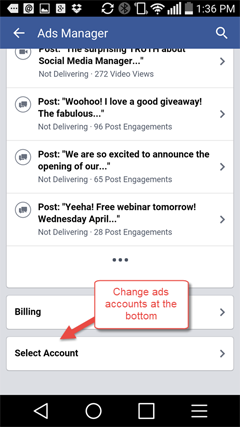 choosing an account from within ads manager