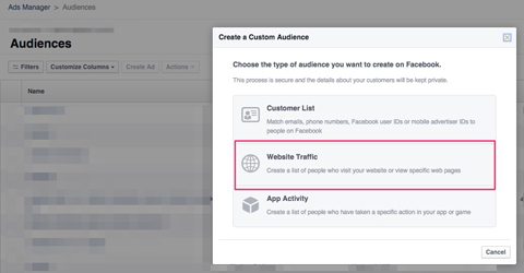 creating facebook custom audience of website visitors