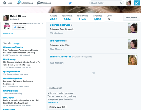 twitter lists on a profile