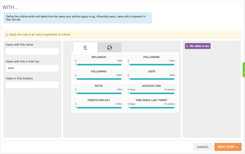 socialbro rule builder search criteria