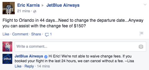 jetblue response to customer post