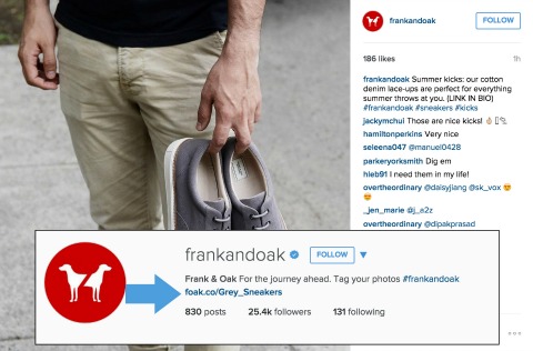 frank and oak example of adding links to your instagram bio - 5 tips to find instagram influencers for your business later blog