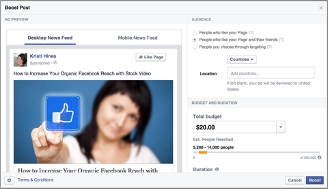facebook book boost post button configuration