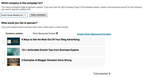 choosing linkedin company page to sponsor from