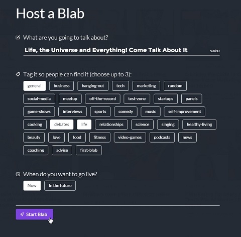 host a blab screen with tags