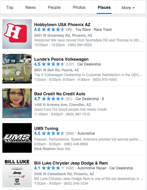 local facebook pages in search results for cars