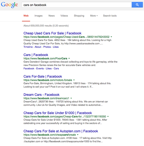 google search results for cars on facebook