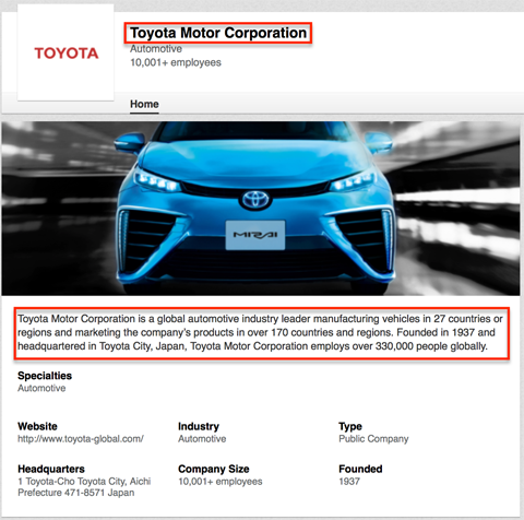 toyota linkedin company page elements that show in google search results