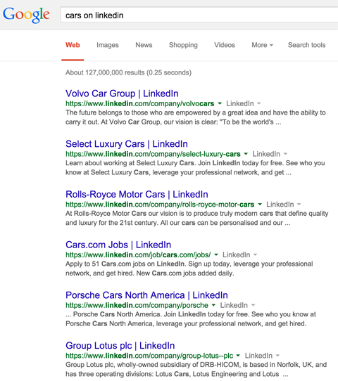 linkedin company page results in google search results for cars on linkedin