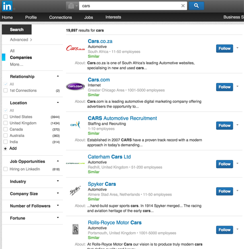 linkedin company page results in linkedin search results for cars