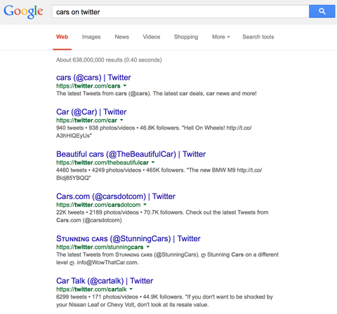 twitter profile results in google search for cars on twitter