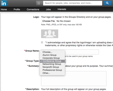 form for creating a linkedin group