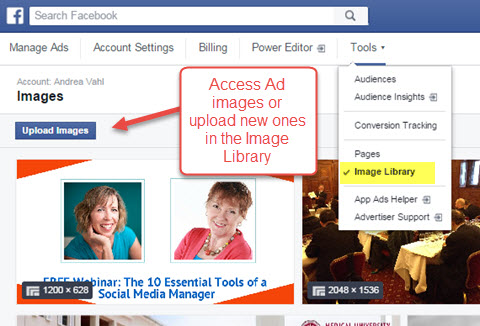 facebook ads manager image library access