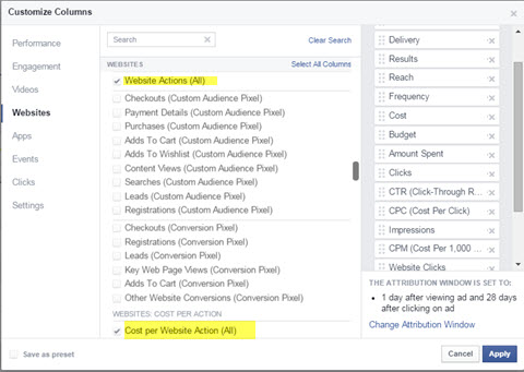 facebook ads manager add website actions