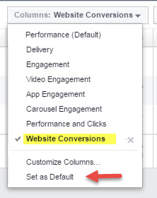 facebook ads manager column preset