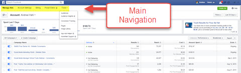 facebook ads manager main navigation