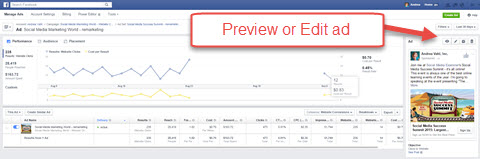 facebook ads manager preview or edit ad feature