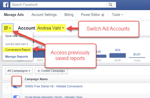 facebook ads manager saved reports