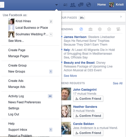 facebook pages management menu arrow