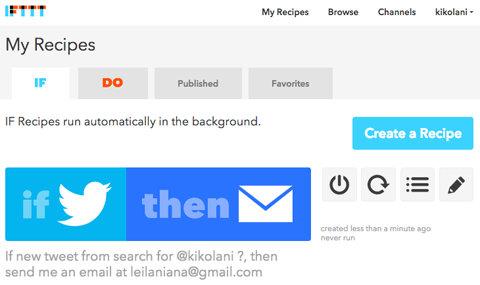 ifttt recipe in saved recipes