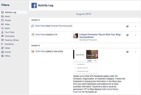 facebook page activity log