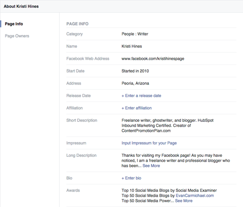 Facebook pages info settings