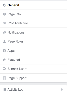 facebook pages settings menu