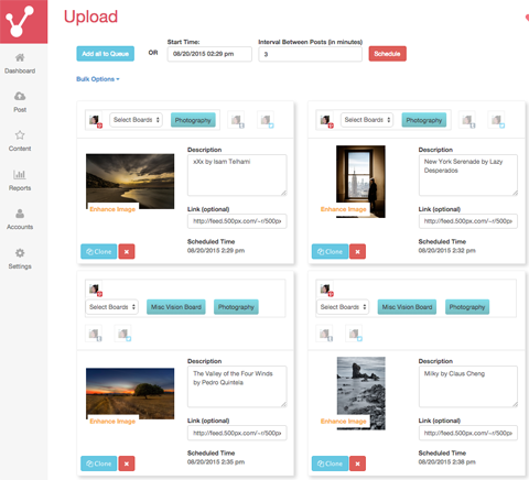 selecting pinterest images from feed sources on viraltag