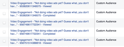 facebook video ad engagement lists