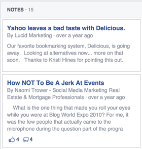 published facebook profile notes in sidebar