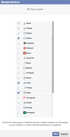 facebook profile manage sections feature