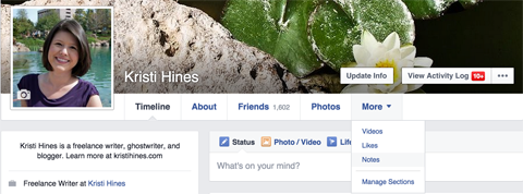 facebook profile dropdown showing notes option