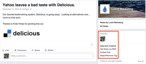 published facebook profile notes tag management