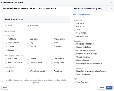 lead ad form detail selection