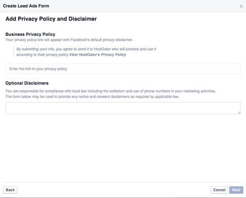 lead ad form privacy policy link